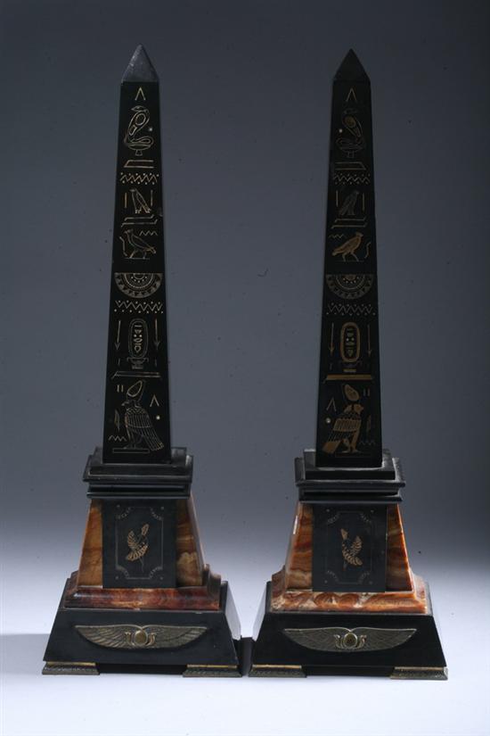 Appraisal: PAIR EGYPTIAN REVIVAL MIXED-MARBLE OBELISKS early th century On four