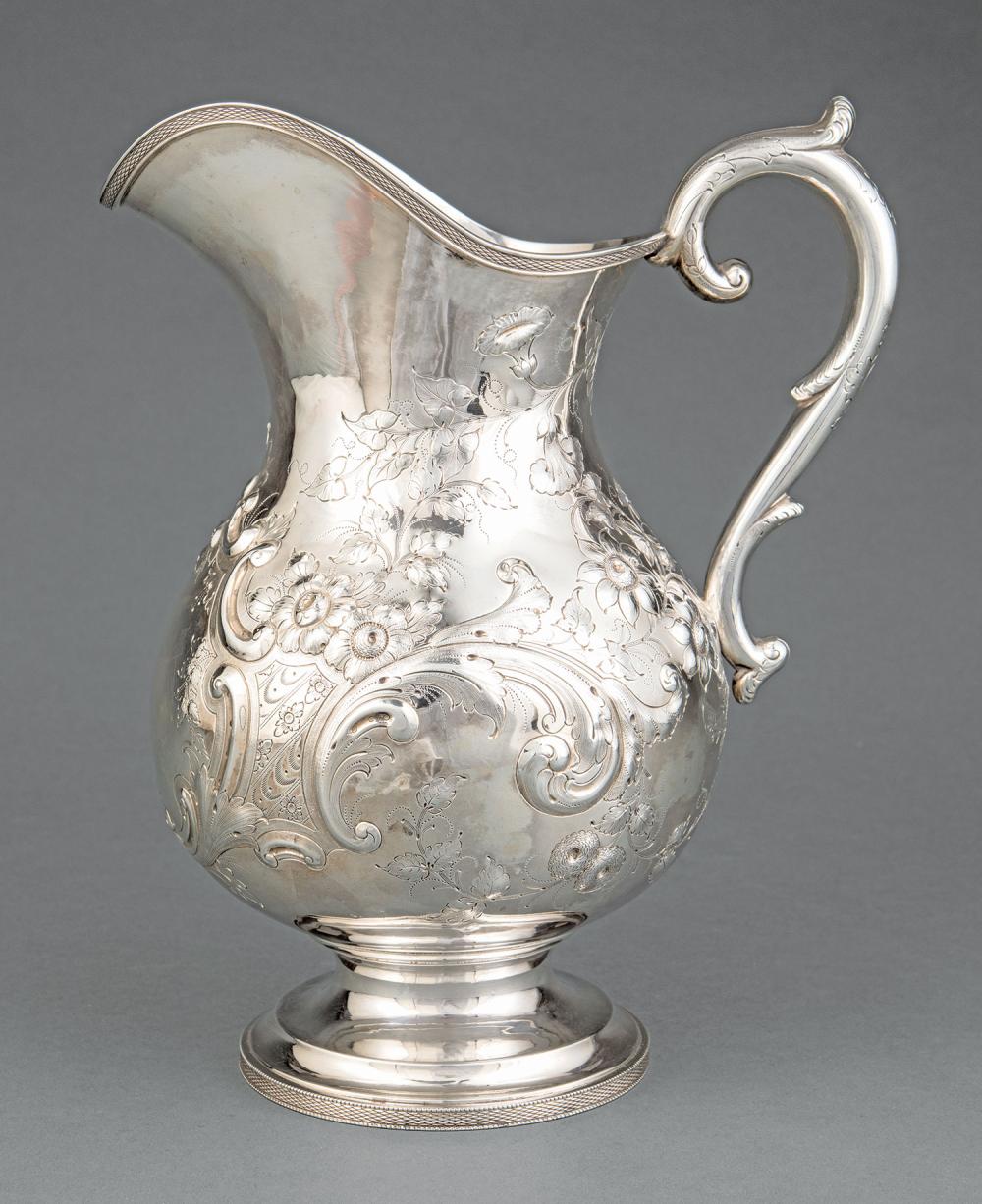 Appraisal: New York Coin Silver Repousse Water Pitcher John L Westervelt