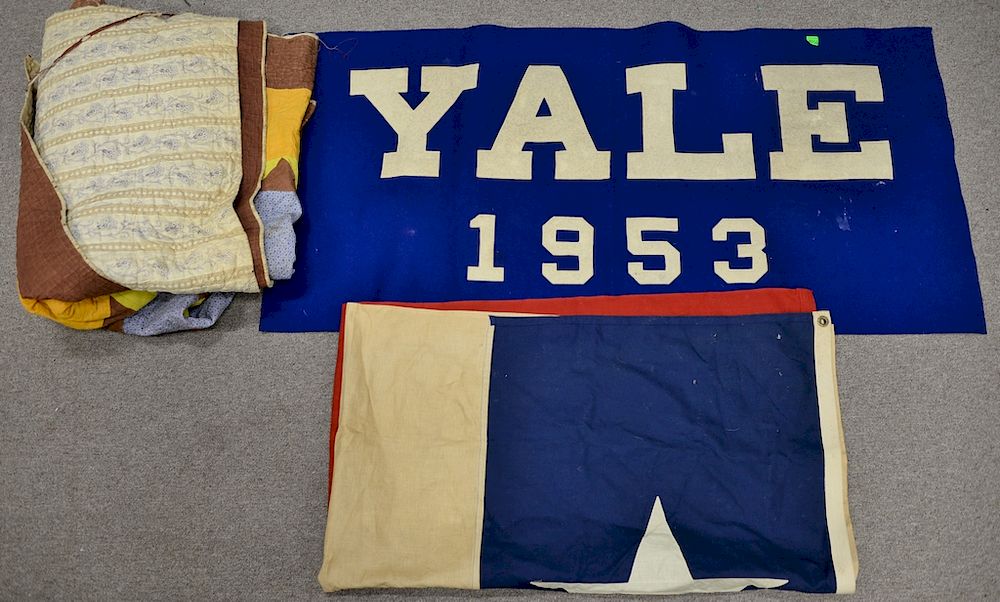 Appraisal: Group of textiles to include Yale banner x hand sewn