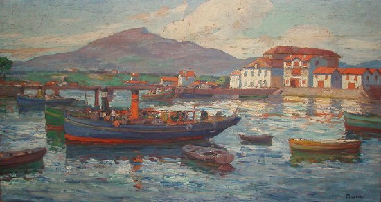 Appraisal: Louis Benjamin V Floutier Boats at Harbour with a mountain