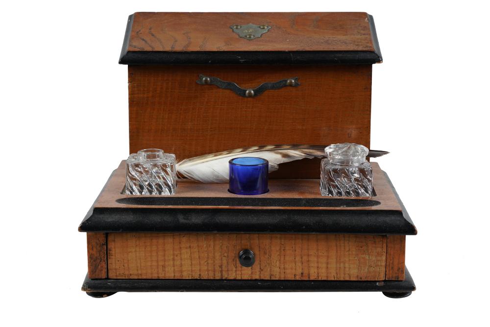 Appraisal: EDWARDIAN INKWELL DESK SETwith letter rack and two ink wells