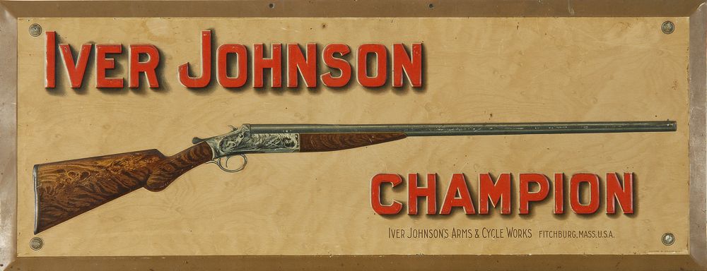 Appraisal: LITHOGRAPHED TIN ADVERTISING SIGN Embossed Iver Johnson Champion depicting a