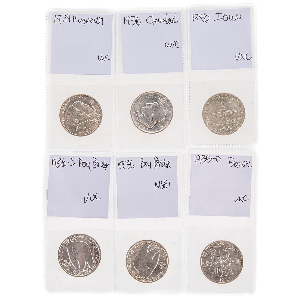 Appraisal: A Half Dozen Classic Silver Commemorative Halves Iowa MS Huguenot