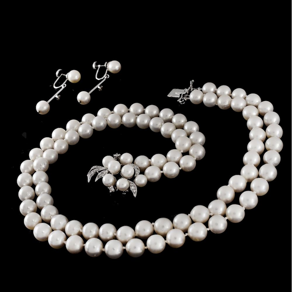 Appraisal: Pearl and Diamond Necklace and Earrings Vintage Double Strand mm