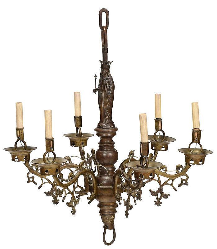 Appraisal: Fine Rare Gothic Figural Bronze Six Light Chandelier French possibly