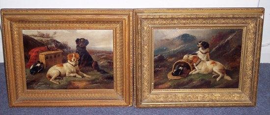 Appraisal: John GiffordGun Dogs with basket and game birds in mountain