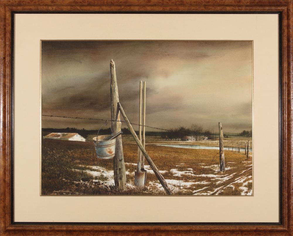 Appraisal: Emmitt Thames American Mississippi b Winter Fence Repairs watercolor on