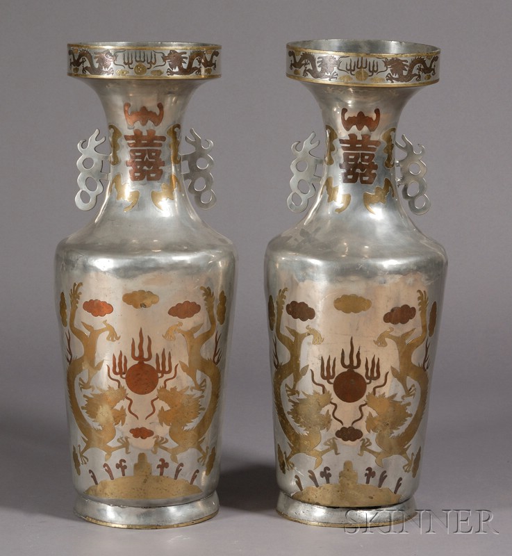 Appraisal: Pair of Iron Vases China early th century surface inlaid