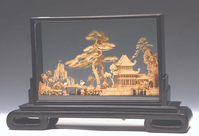 Appraisal: A CHINESE CORK PICTURE in standing hardwood frame cm x