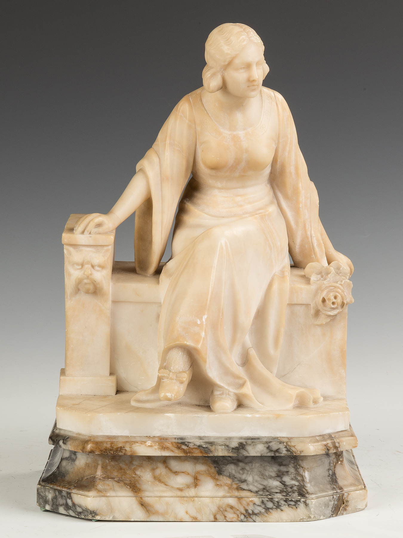 Appraisal: Carved Alabaster Sculpture of a Robed Lady th century Seated