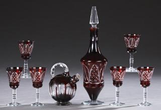 Appraisal: Eight Piece Bohemian Cut-to-Clear Ruby Glass Liqueur Set consisting of