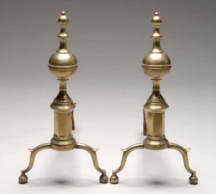 Appraisal: PAIR OF BRASS ANDIRONS ATTRIBUTED TO R WHITTINGHAM Spur and