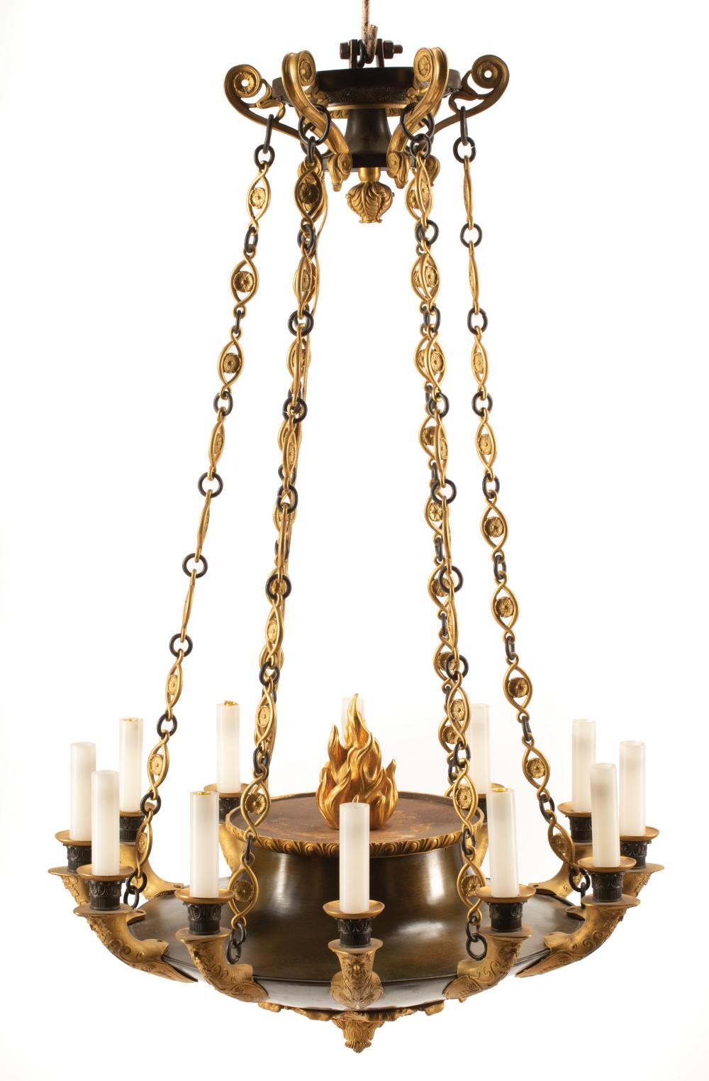 Appraisal: Empire-Style Patinated and Gilt Bronze Twelve-Light Chandelier font with flame