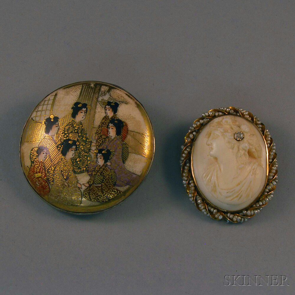 Appraisal: Two Pendant Brooches a shell-carved cameo portrait pendant brooch with