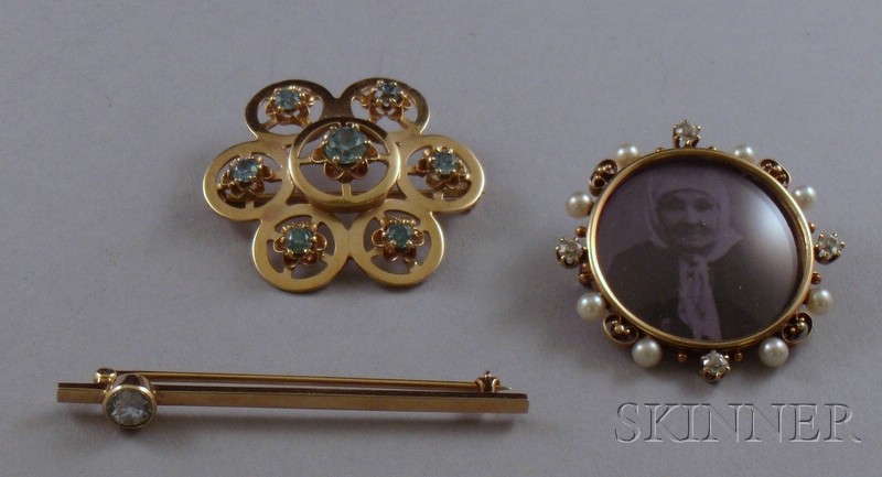 Appraisal: Three Gold Gem-Set Brooches kt gold diamond and seed pearl