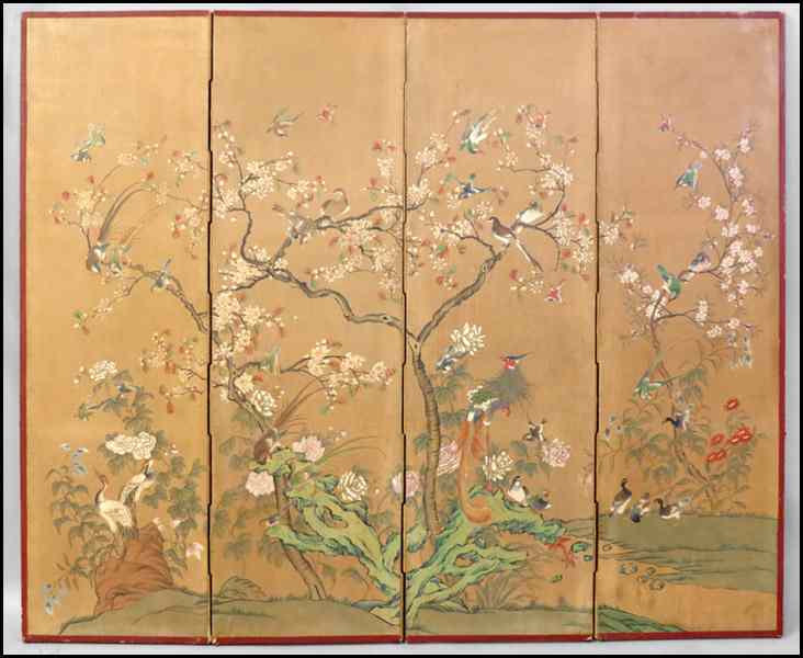 Appraisal: JAPANESE FOUR PANEL FLOOR SCREEN Depicting cherry blossoms and birds