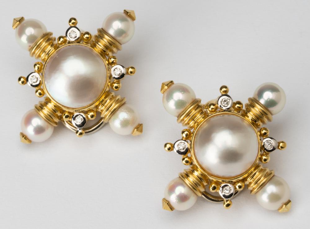 Appraisal: KARAT YELLOW GOLD MABE' PEARL DIAMOND EARRINGS karat yellow gold