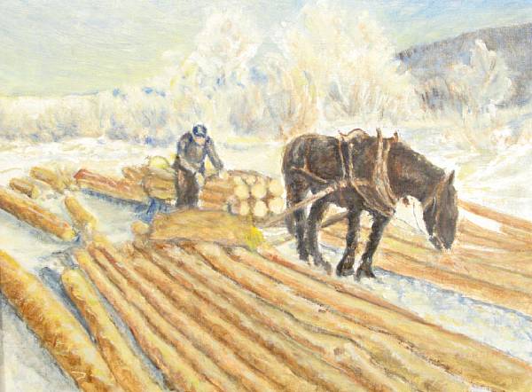 Appraisal: J Larsen th century A Horse Pulling Timber in a