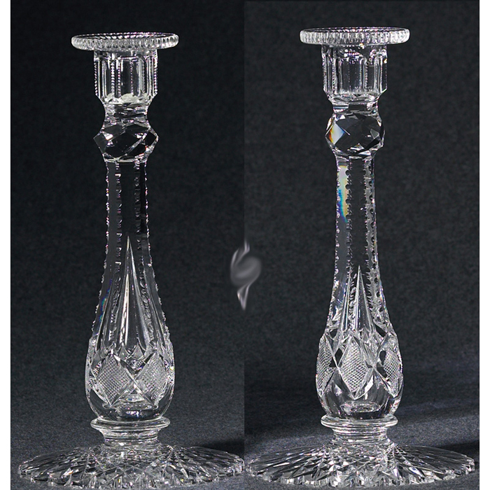 Appraisal: Cut Glass candlesticks pair teardrop notched prism stems over a