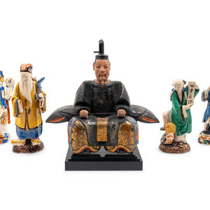 Appraisal: A Japanese Polychromed Wood Figure and Four Chinese Ceramic Figures