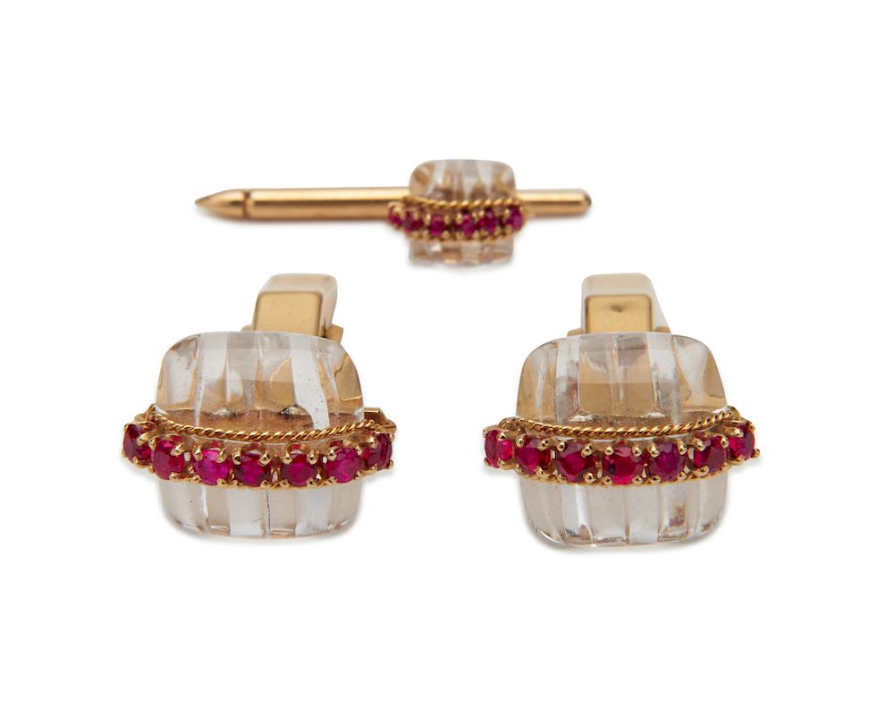 Appraisal: CARTIER K Gold Rock Crystal and Ruby Cufflinks CARTIER K