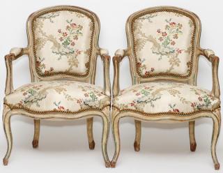 Appraisal: FRENCH LOUIS XV STYLE GLAZED OPEN ARM CHAIRS PAIR FRENCH