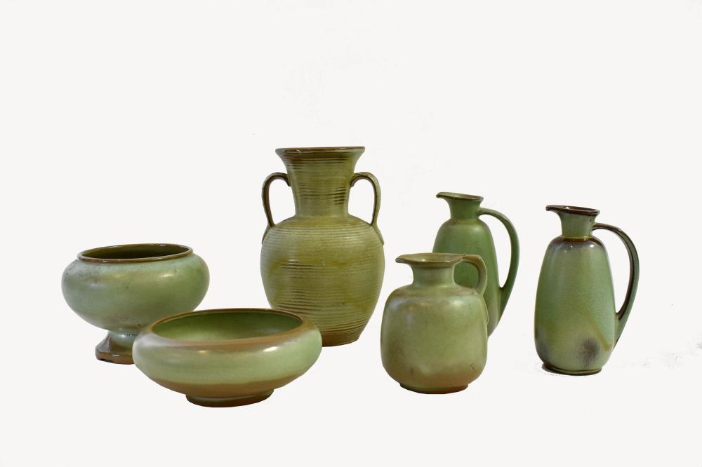 Appraisal: SIX FRANKOMA PLAINSMAN GREEN POTTERY ITEMSAll marked some numbered Comprising