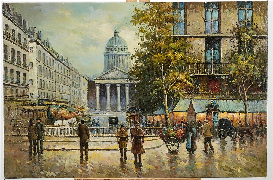 Appraisal: Oil on canvas painting of a Paris street scene no