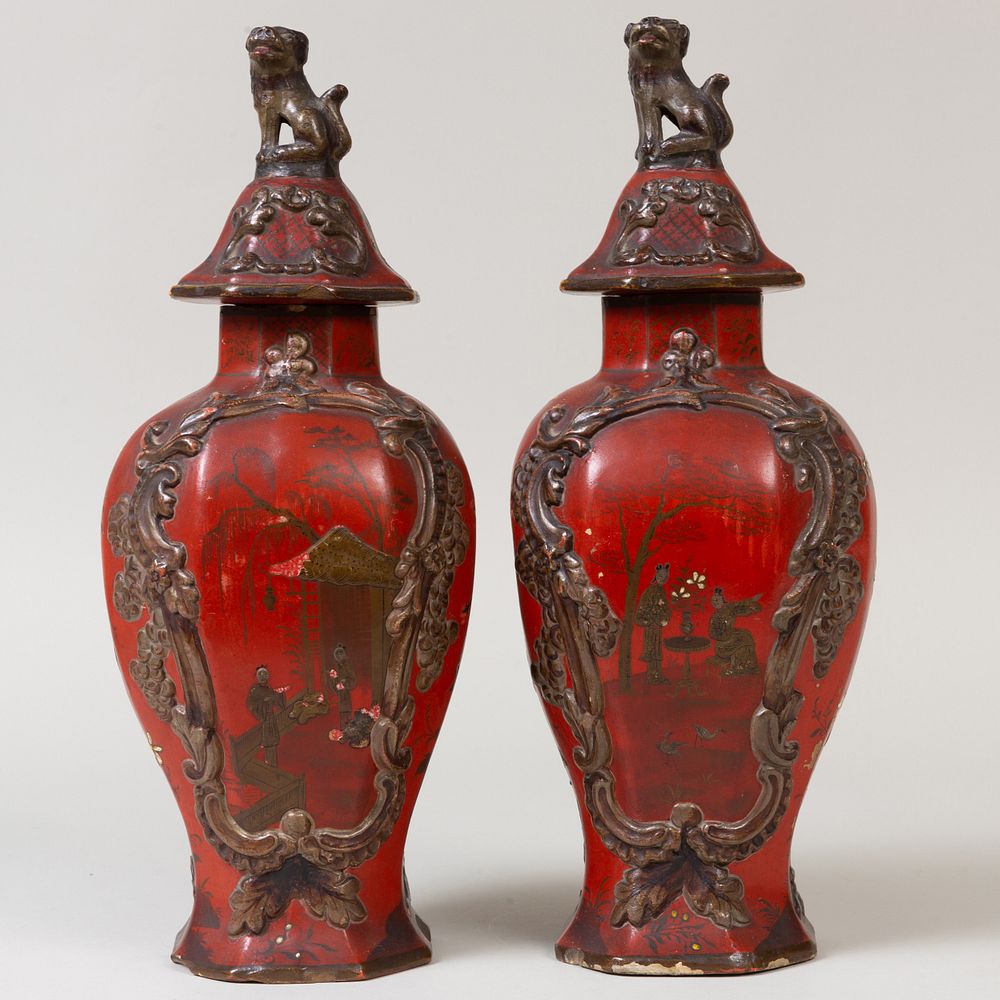 Appraisal: Pair of Delft Style Lacquered Pottery Red Ground Jars and