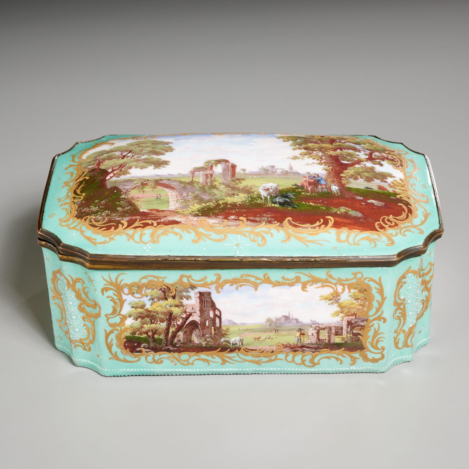 Appraisal: LARGE ENGLISH STAFFORDSHIRE ENAMEL BOX Late th c with hand-painted