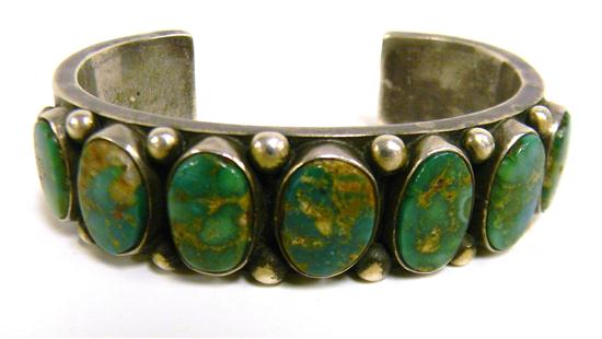 Appraisal: Jewelry sterling silver and turquoise cuff bracelet seven oval green-colored