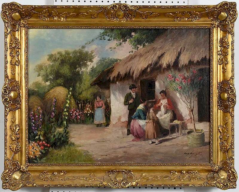 Appraisal: ACS Agostan Hungarian - Sewing Outside The Cottage signed lower