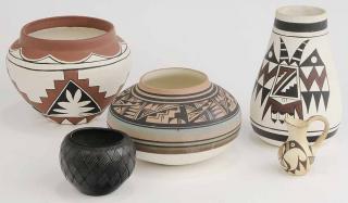 Appraisal: Five Pieces Native American Pottery one black pot - signed