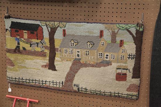 Appraisal: HOOKED RUG Mixed materials Charming scene depicting a house barn