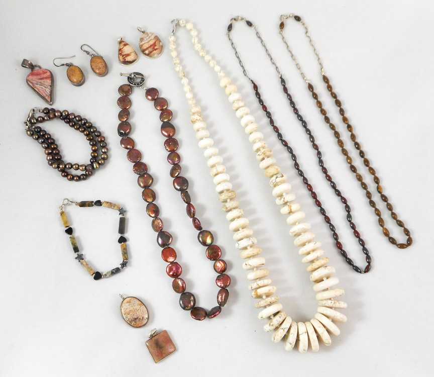 Appraisal: FOURTEEN PIECES OF JASPER HOWLITE PEARL AND RHODONITE JEWELRY including