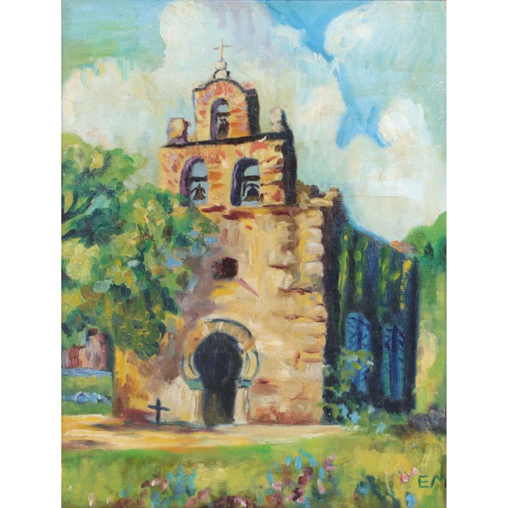 Appraisal: VINTAGE MISSION IN LANDSCAPE PAINTING SIGNED EM CA S OIL