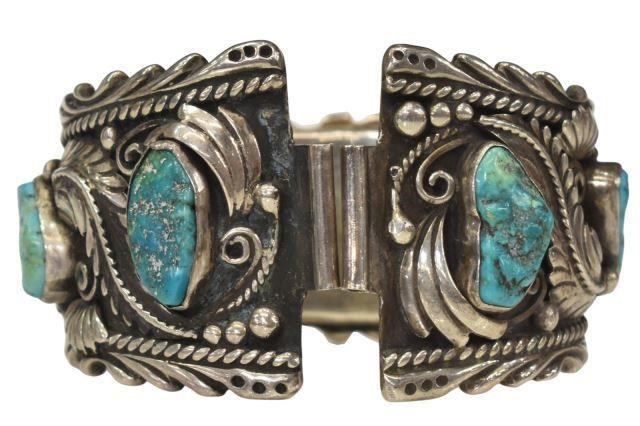 Appraisal: Native American silver content unknown hinged watch cuff bracelet signed