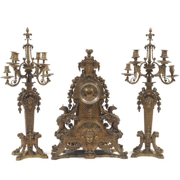 Appraisal: Monumental Bronze French Three Piece Clock Garniture Retailed By Tiffany