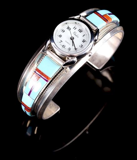 Appraisal: L Douglas Navajo Sterling Inlaid Mosaic Watch Cuff This is