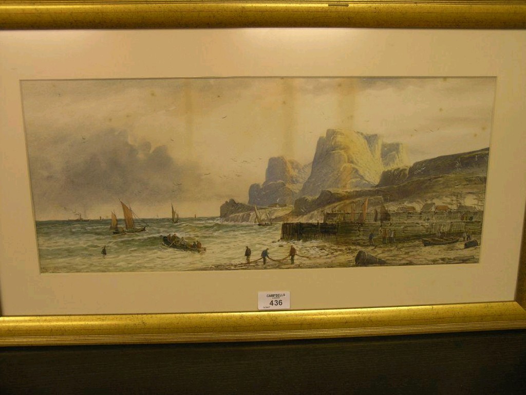 Appraisal: L Lemston - watercolour coastal view with small boats and