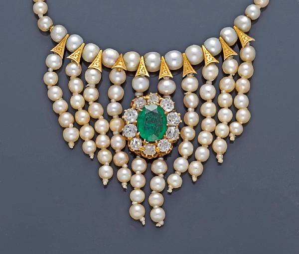 Appraisal: An emerald diamond and oriental pearl necklace emerald weighing an