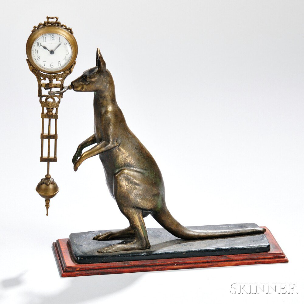 Appraisal: Patinated White Metal Kangaroo Swinger Clock th century the seated