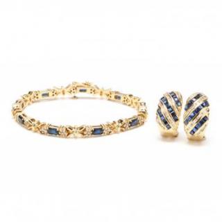 Appraisal: KT Gold Sapphire and Diamond Bracelet and Earrings the flexible