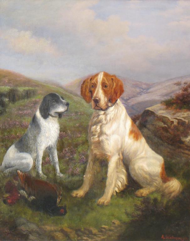 Appraisal: A WATMOUGH Two spaniels with pheasants in landscape oil on