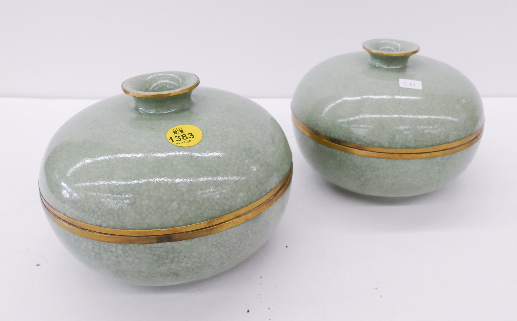 Appraisal: Pair Asian Celadon Covered Bowls- x ''