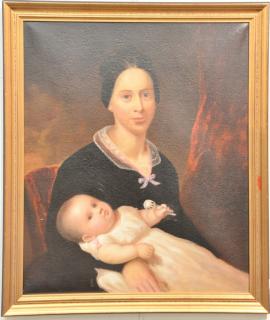 Appraisal: Portrait painting of a mother and child with rattle th