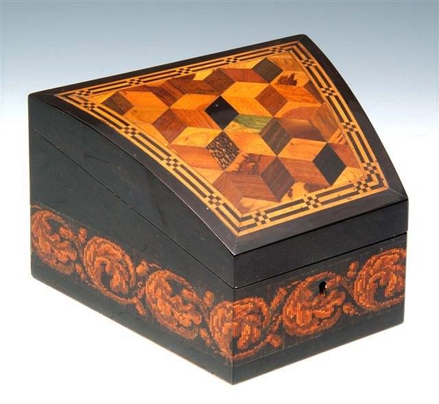 Appraisal: A th Century rosewood Tunbridgeware wedge shaped correspondence box with