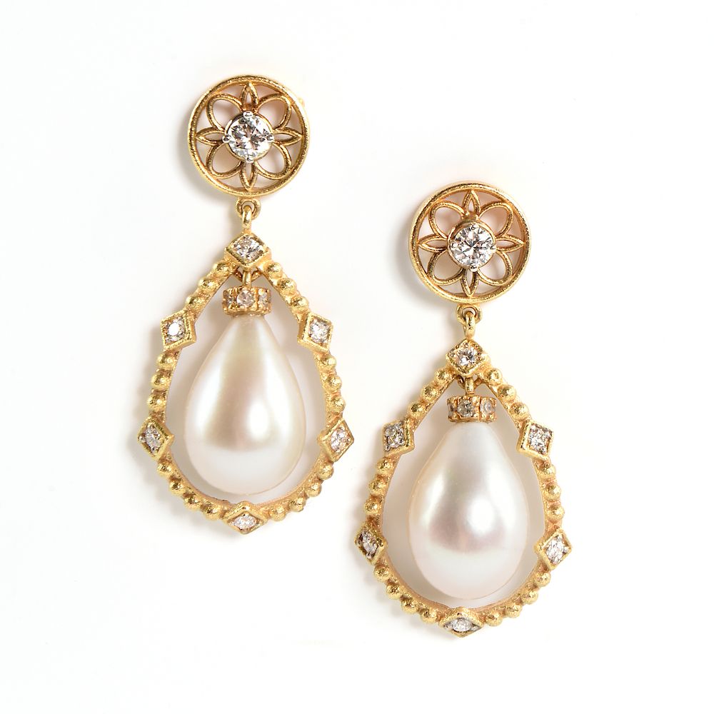 Appraisal: A PAIR OF K YELLOW GOLD PEARL AND DIAMOND LADY'S