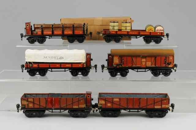 Appraisal: SIX MARKLIN O GAUGE FREIGHT CARS Grouping includes stake car