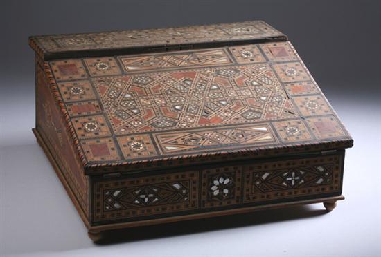 Appraisal: CONTINENTAL PARQUETRY WRITING DESK th century Slant top lid opening